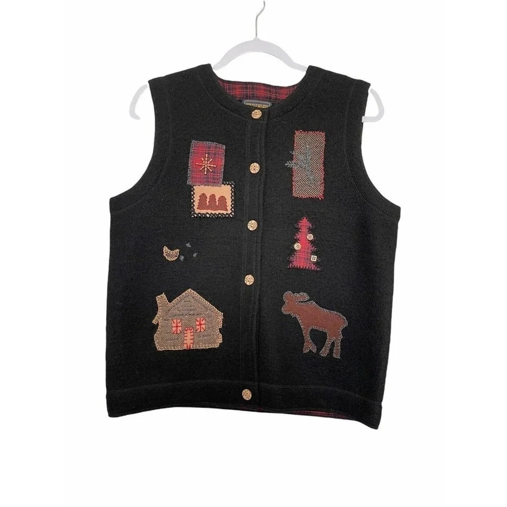 Vintage Woolrich Sweater Vest Women Wool M Black Cabin Moose Patchwork Heritage